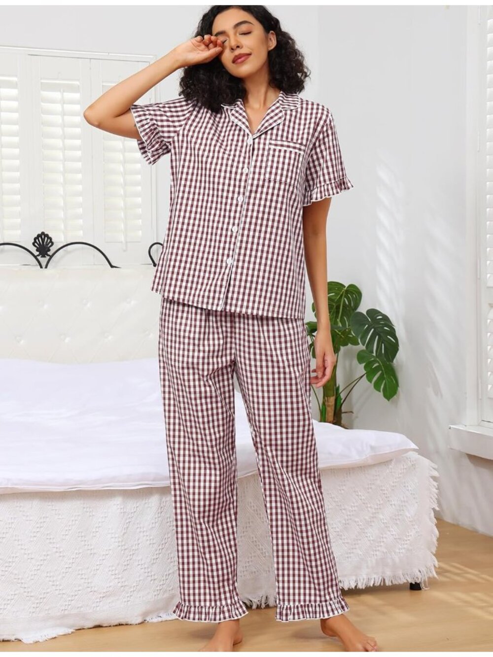 Women's Black & White Cotton Button Down Shirt Sleepwear 2 Piece Pajamas Set - Picture 2 of 7